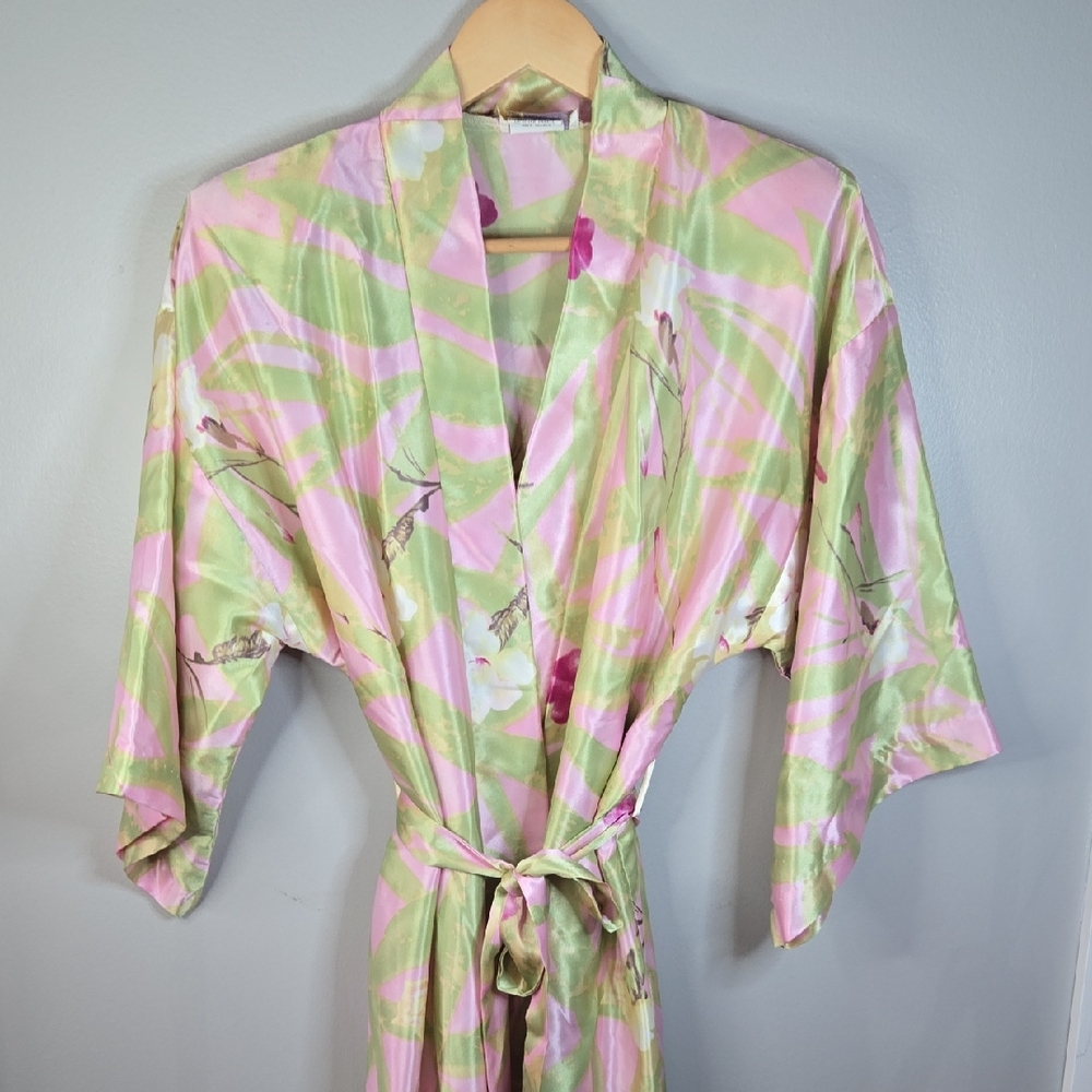 Vintage California Dynasty Silky Poly Pink Green Yellow Floral Kimono Tie Robe